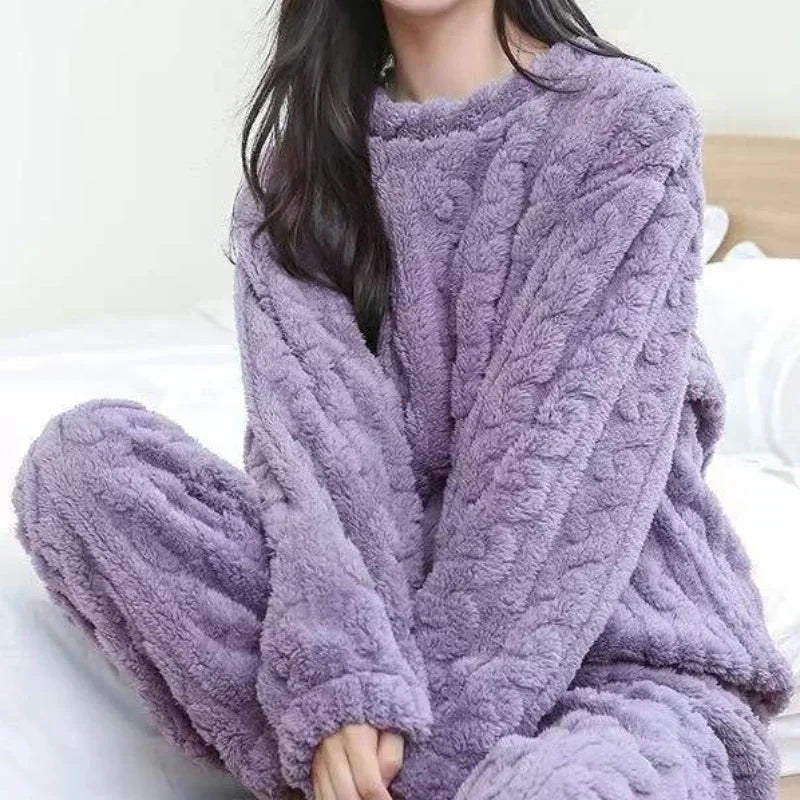 Women Warm 2 Piece Sets Velvet Ribbed Fleece Set Pullover and Pants Casual Pajama Sets Women