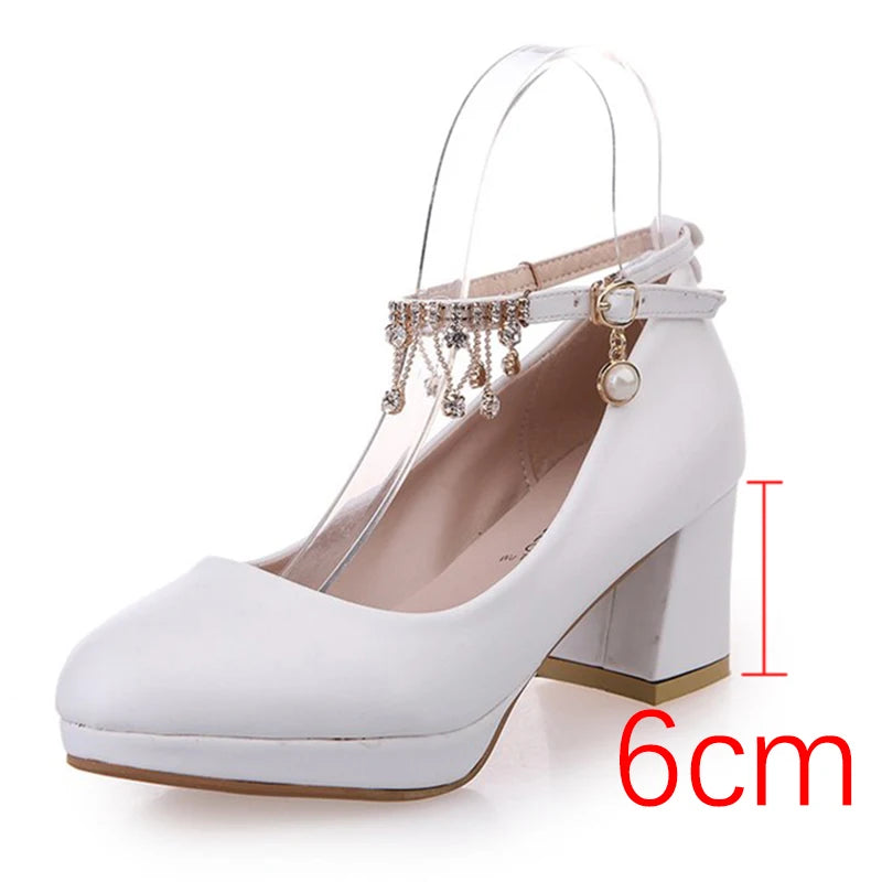 Rimocy Crystal Ankle Strap Pumps Women Chunky Platform Super High Heels Shoes Woman Autumn 2022 Thick Heeled Party Wedding Shoes