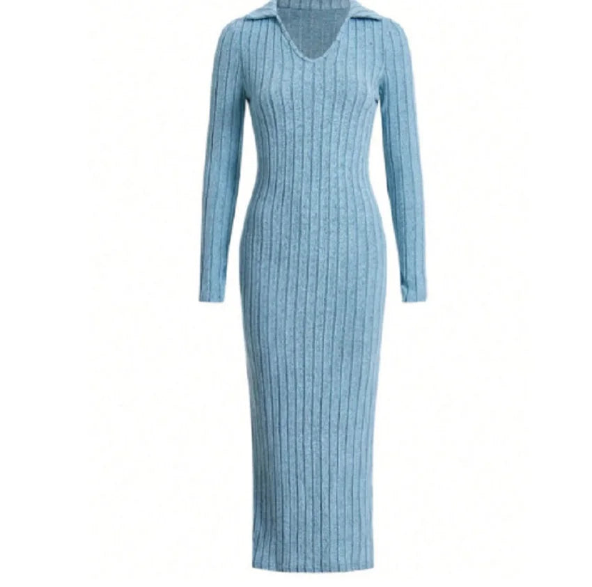 2024 Europe And The United States Autumn And Winter New Knitted Slim-Fit Lapel Long Sleeve Pit Strip Solid Color Tight Dress