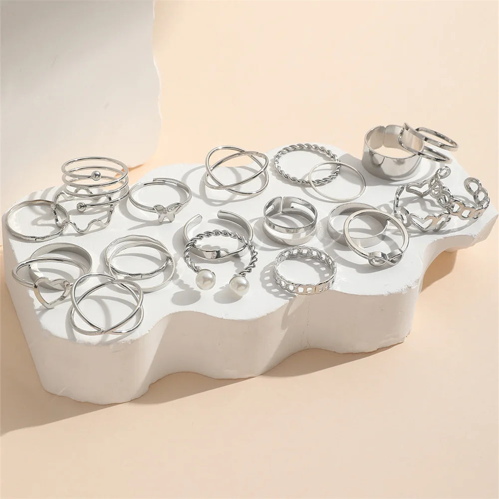 22Pcs/Set Fashion Imitation-Pearl Love Heart Cross Wave Butterfly Infinity Simple Metal Layered Geometric Hollow Ring For Woman