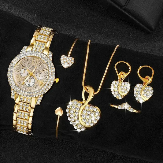 Women's Clock Quartz Watch Gold Luxury Women Ring Necklace Earring Rhinestone Fashion Wristwatch Casual Ladies Watches Jewelry Set