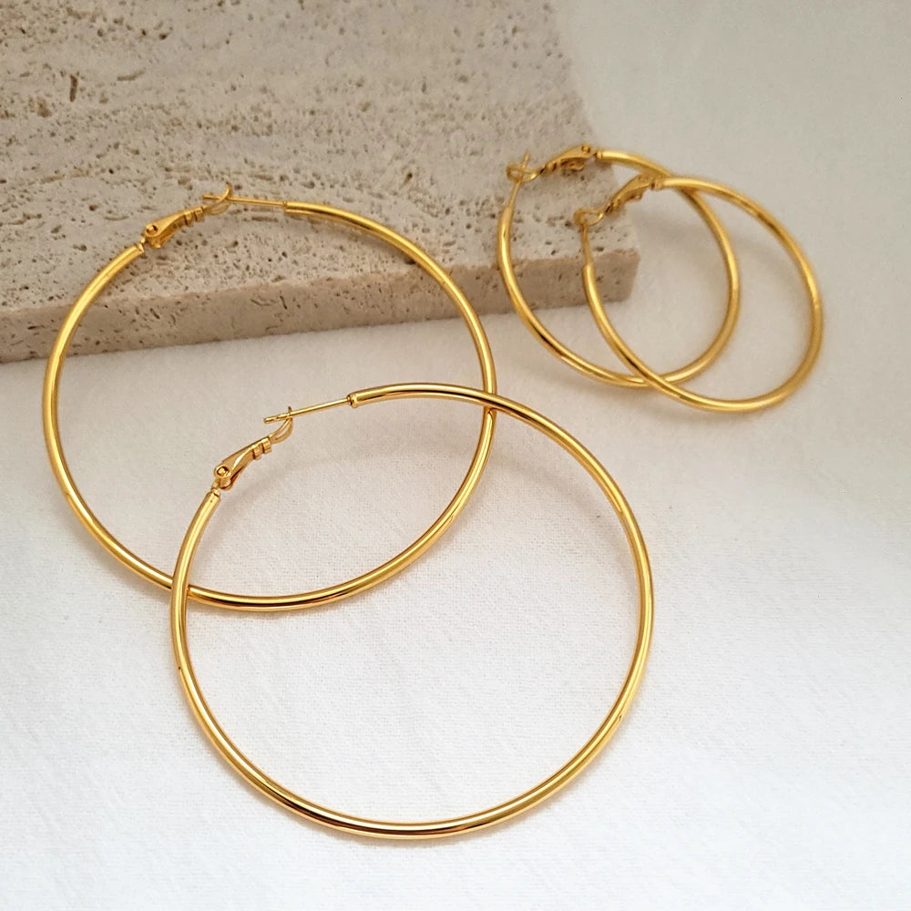 Gold Hoop Earrings 24K Yellow Gold Plated Round Big Circle Piercing Earring Set For Women 30/40/50/60mm Smooth Ear Cuff Jewelry