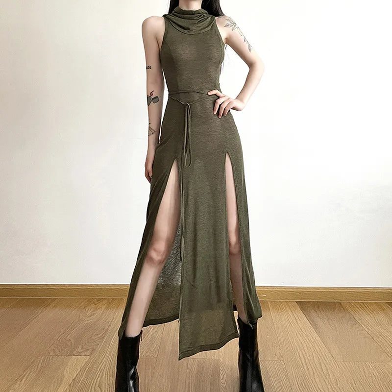 Dresses Midi Dress Women Sexy Split Side Solid Streetwear