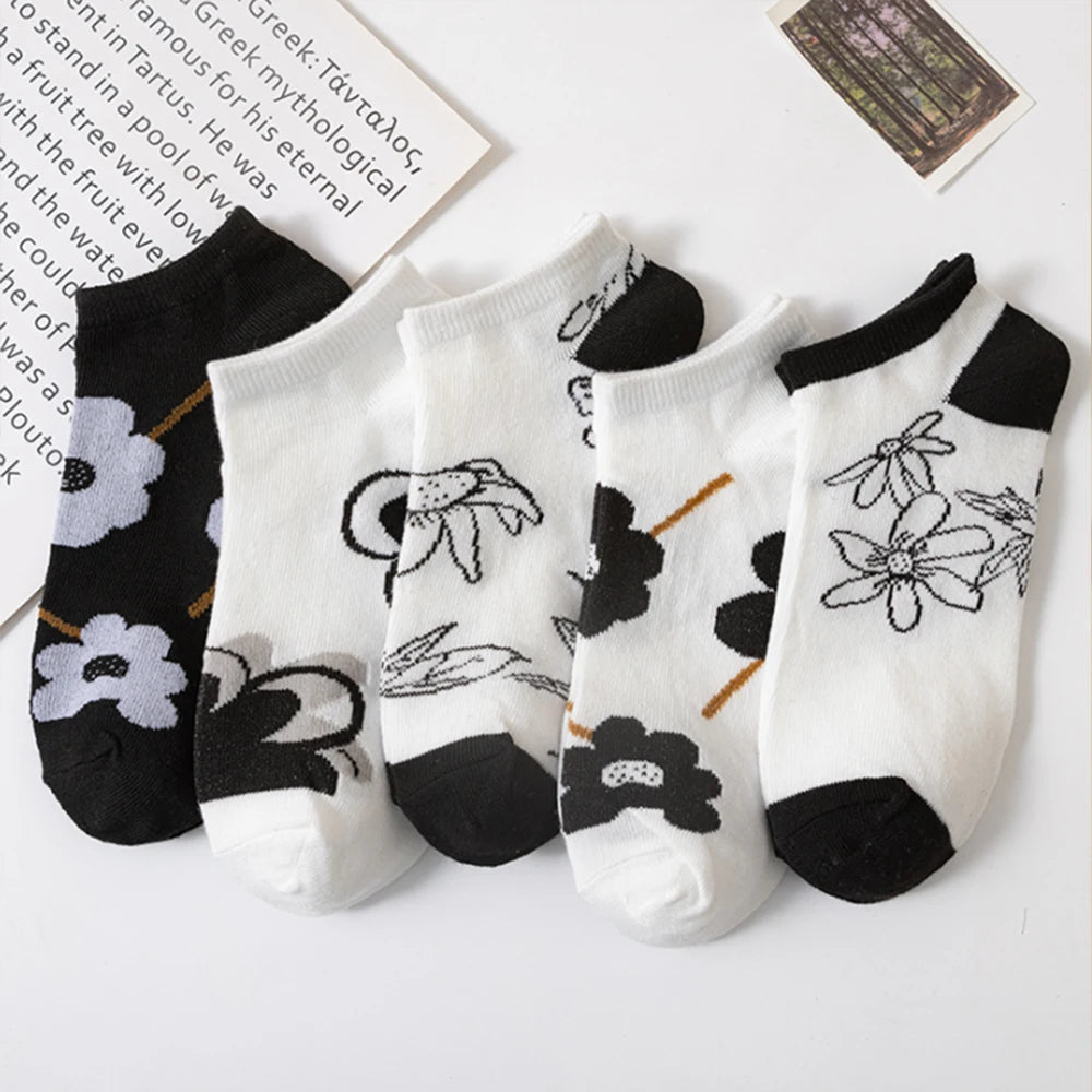 5 Pairs Avocado Crew Ankle Socks Cartoon Fresh Fashion Breathable Summer And Autumn Kawaii Comforts Women's Low Cut Boat Socks