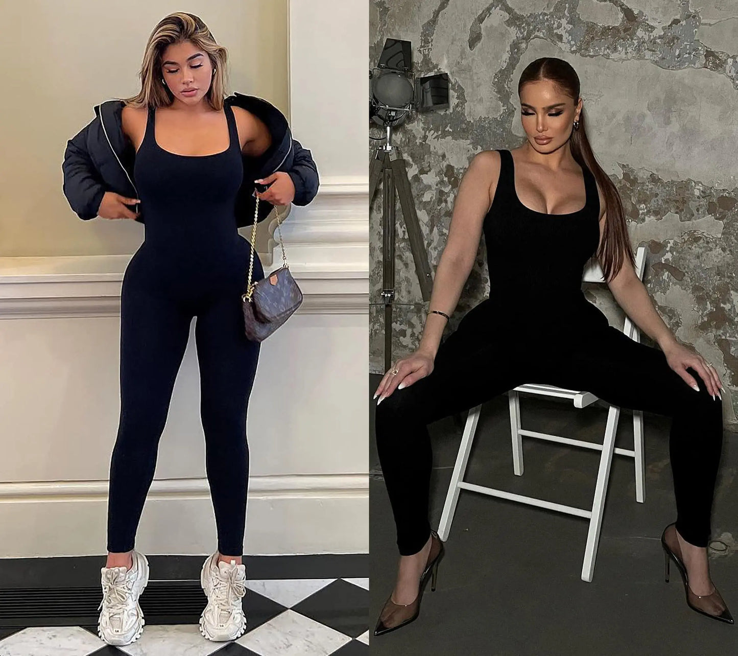 Women Workout Seamless Jumpsuit Yoga Ribbed Bodycon One Piece Square Neck Leggings Romper