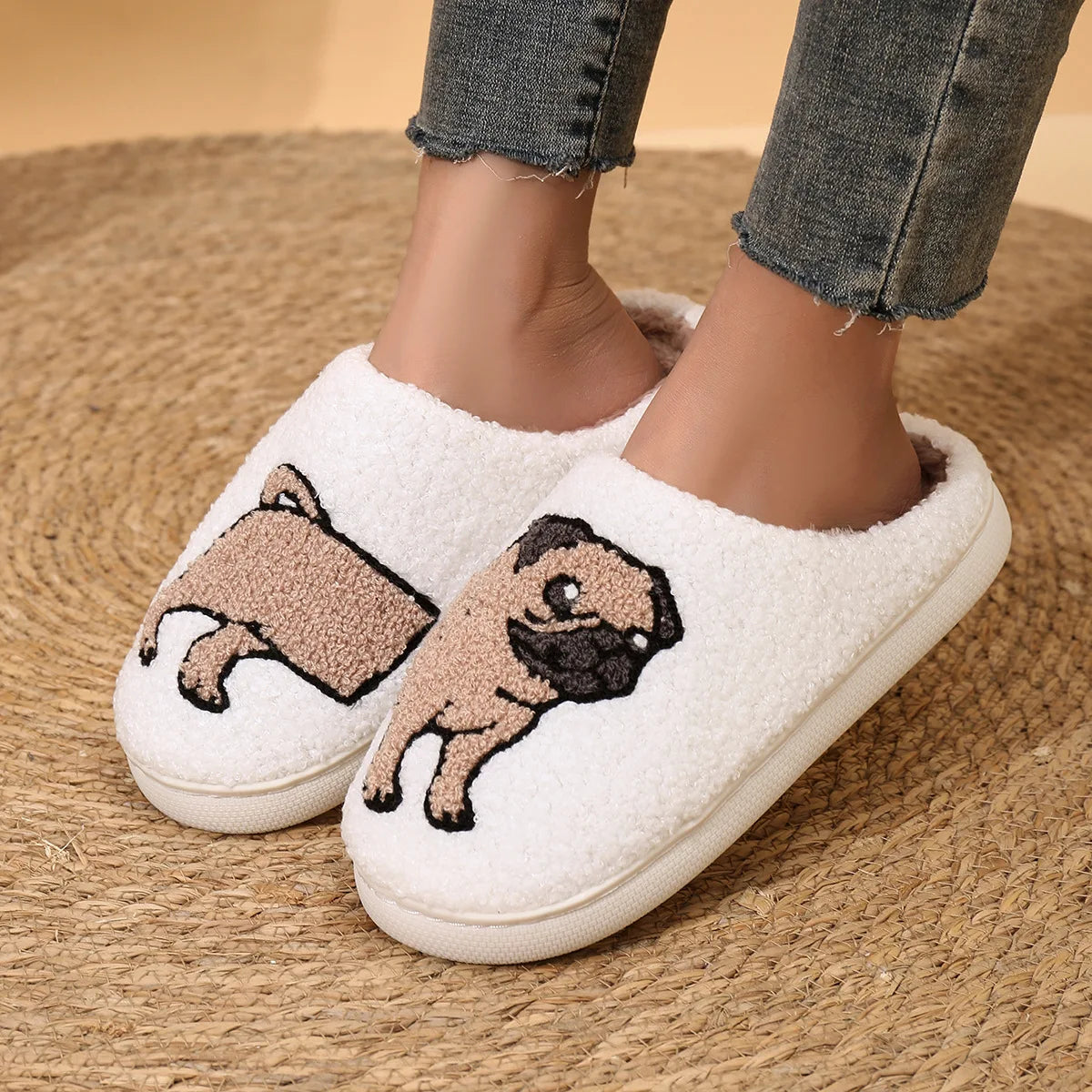 Platform Fluffy Slippers Women House Plush Cartoon Dog Designer Winter Shoes Girls Flats Home Fashion Casual Footwear Large Size