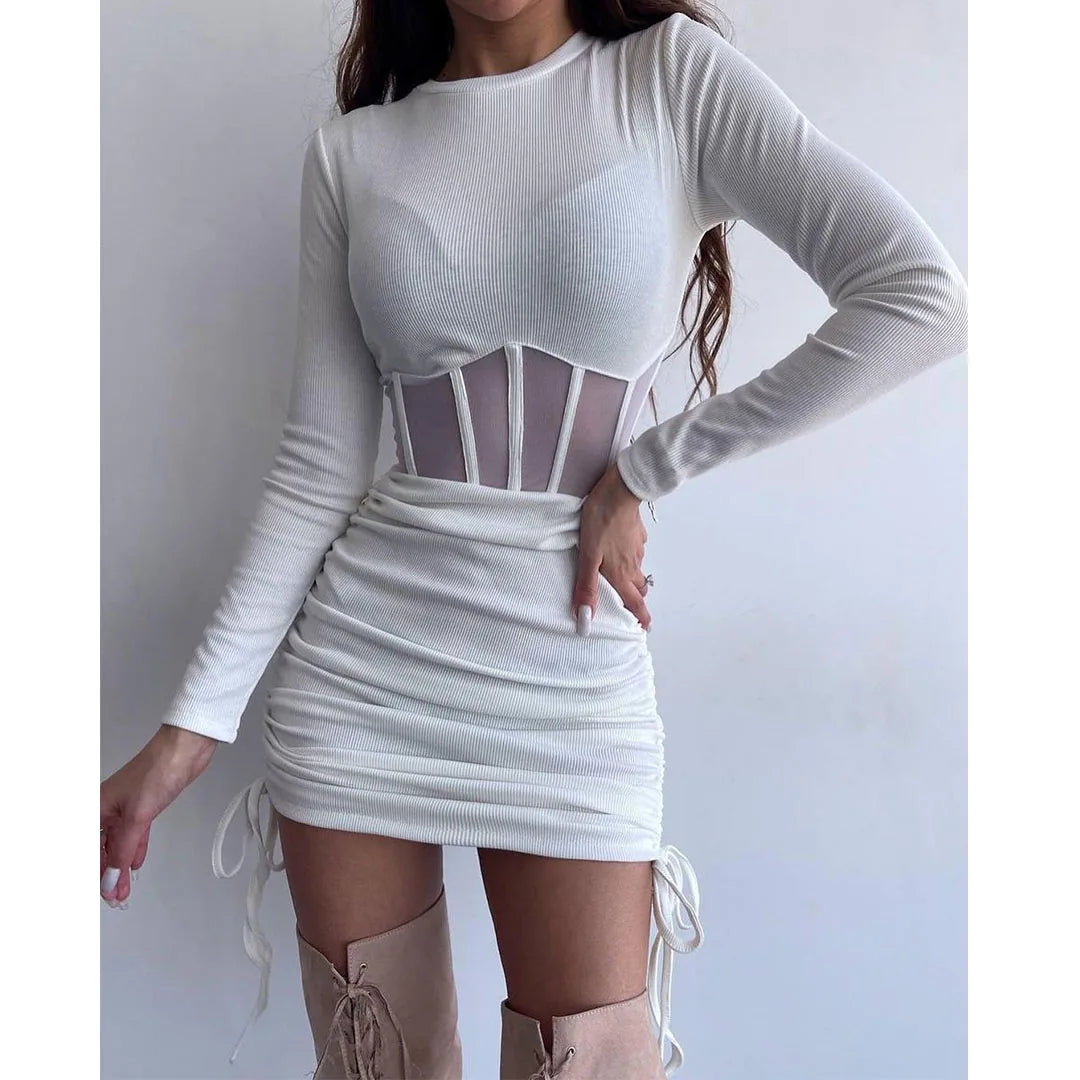 Dress Women O Neck Long Sleeve Mini Vestidos Ribbed Hot Sexy Dresses Fashion High Street Wear