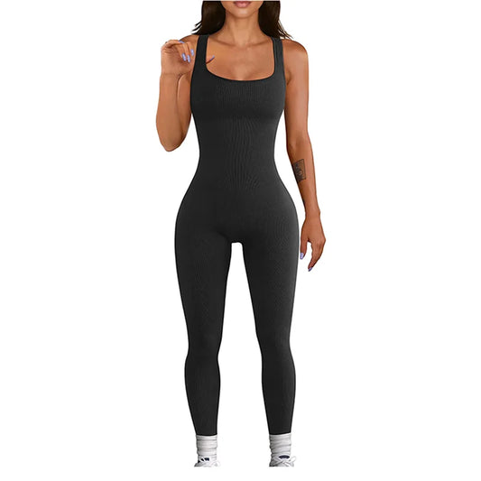 Women Workout Seamless Jumpsuit Yoga Ribbed Bodycon One Piece Square Neck Leggings Romper