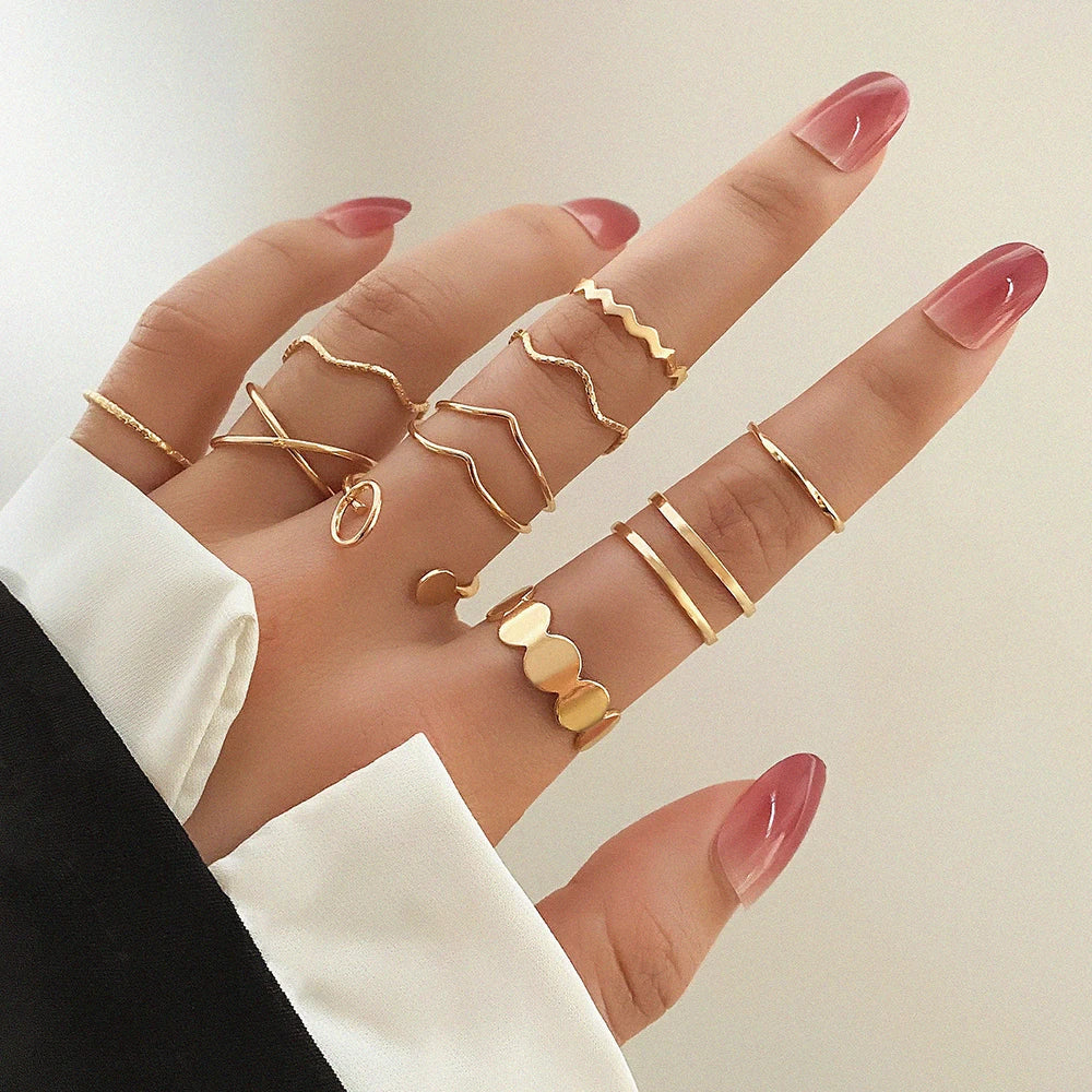 Rings Set for Women Girls Accessories Trend Round Shape Metal Wave Joint Ring Gifts