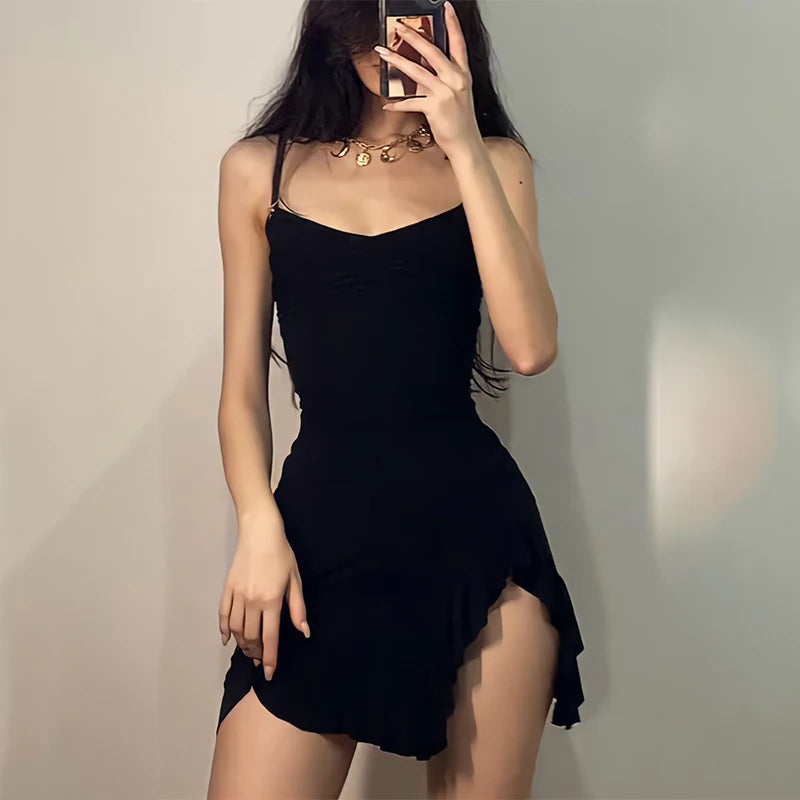 Sexy Mini Dress Women Sleeveless Streetwear Strap Backless Bodycon Folds Split Dress Party Club Elegant