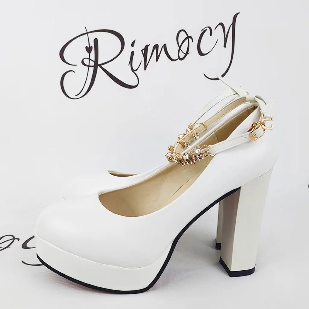 Rimocy Crystal Ankle Strap Pumps Women Chunky Platform Super High Heels Shoes Woman Autumn 2022 Thick Heeled Party Wedding Shoes