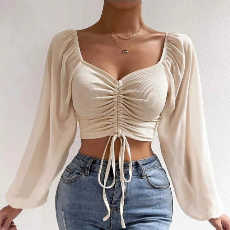 Sexy Mesh Lantern Sleeves Drawstring Wrap Chest Bare Midriff T Shirt Women Long Sleeves Bottoming