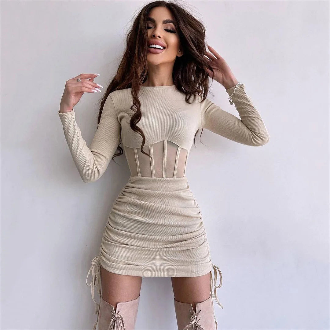 Dress Women O Neck Long Sleeve Mini Vestidos Ribbed Hot Sexy Dresses Fashion High Street Wear