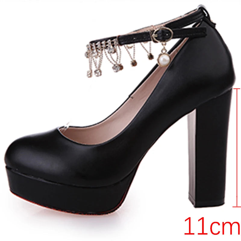 Rimocy Crystal Ankle Strap Pumps Women Chunky Platform Super High Heels Shoes Woman Autumn 2022 Thick Heeled Party Wedding Shoes