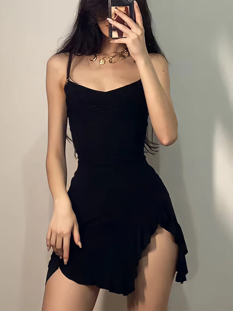 Sexy Mini Dress Women Summer New Black Sleeveless Strap Backless Folds Bodycon Split Dress Streetwear Elegant Party