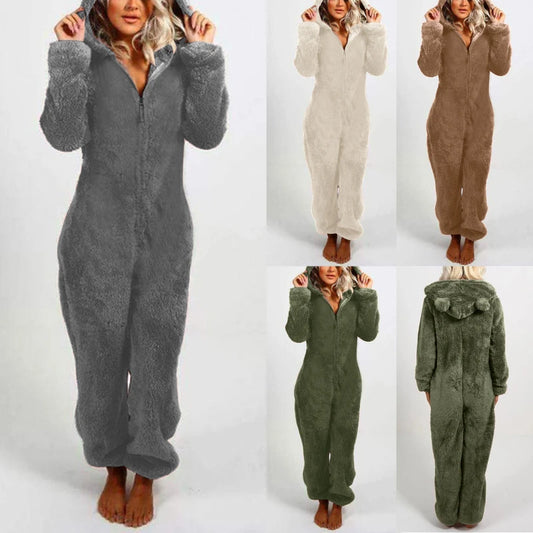 Fashion Fleece Sleepwear Hood Sets Pajamas for Women for Winter Warm Pyjamas Women Velvet Thickened Furry Jumpsuit Hooded Pajama