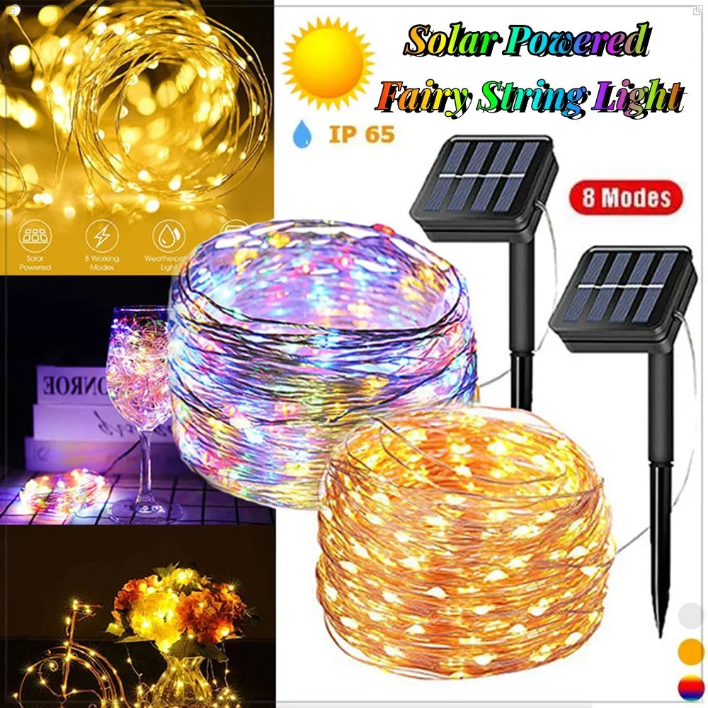 Solar String Lights Outdoor Waterproof Copper Wire Fairy Lights 8 Modes Suitable for Wedding Party Christmas Decoration