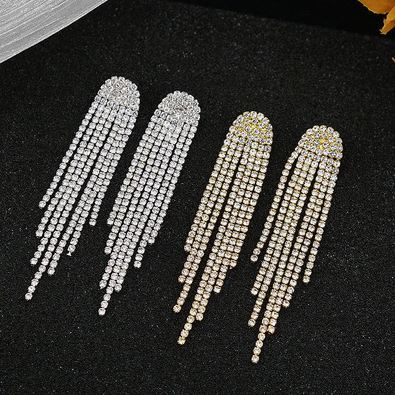 Fashion Long Tassel Drop Earrings for Women Black Gold Silver Color Rhinestone Dangle Earring Wedding Party Jewelry