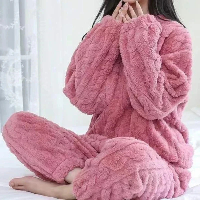 Women Warm 2 Piece Sets Velvet Ribbed Fleece Set Pullover and Pants Casual Pajama Sets Women