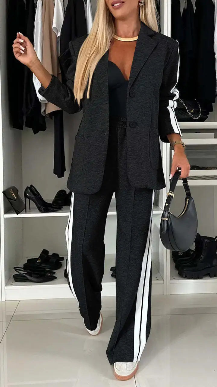 2 Piece Set Women Set Winter Fall Fashion V-neck Long Sleeve Blazer Coat Elegant Straight Leg Pant Sports Two Piece Suit Women