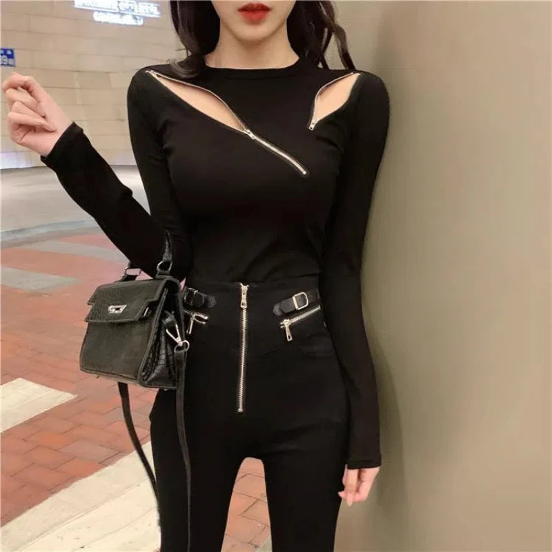 T Shirts Spring Autumn New Slim Hollow Out Zipper Patchwork Y2K Tops Tees Fashion Casual Women Clothing