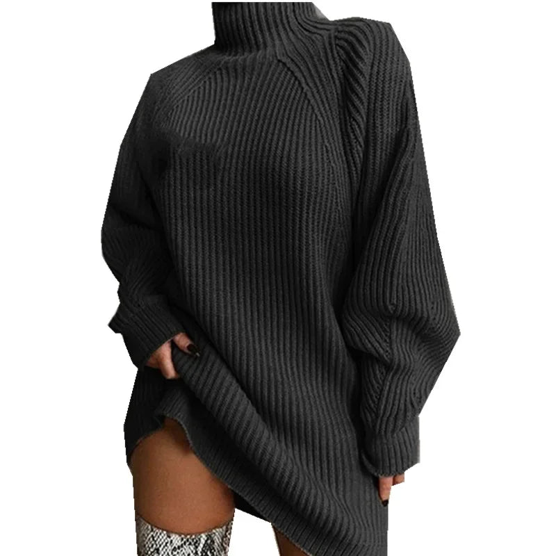 Women's Solid Color Loose Knitted Dress Autumn Winter New Dress Sweater Women Long Sleeve Turtleneck Pullover Dress Sweater