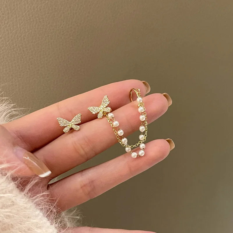 Pearl Tassel Earrings Korean New Butterfly Earrings for Women Romantic Dangle Earrings Personality Party Ear Accessories