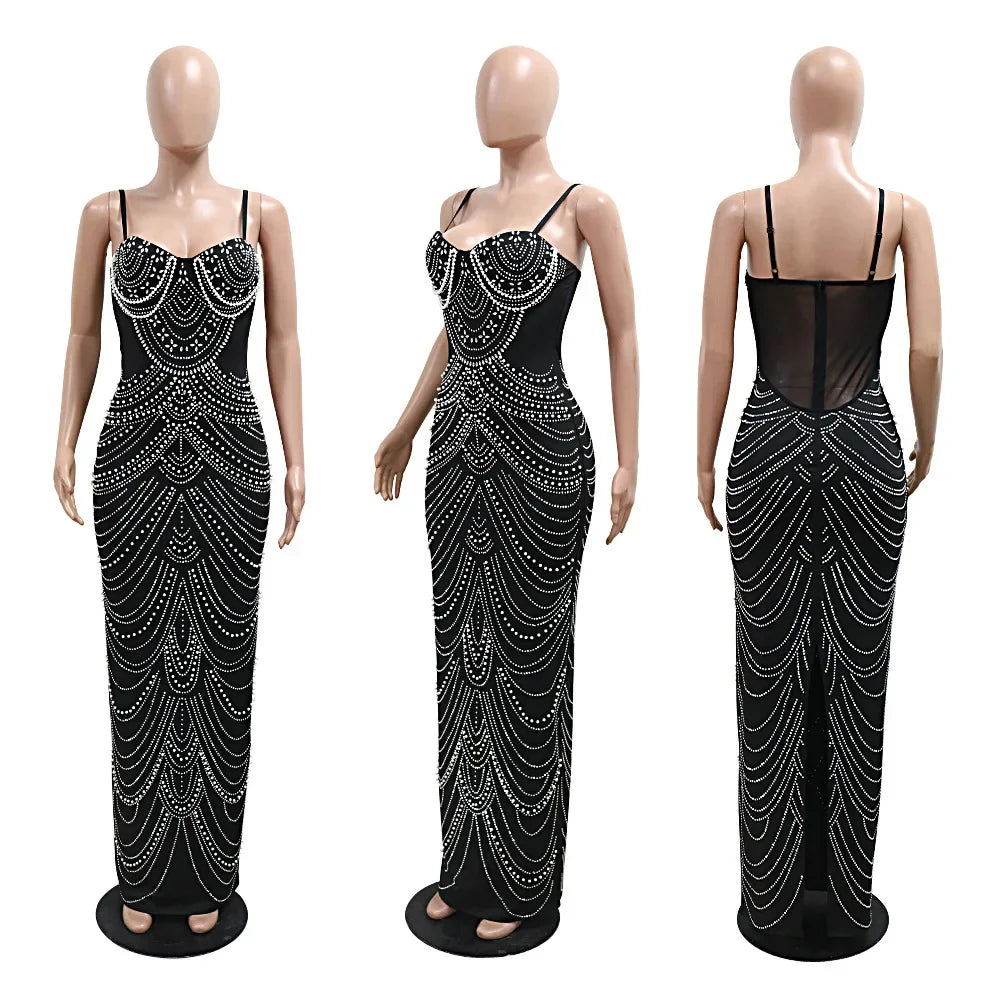 Women Diamonds Hot Rhinestones Pearl Strapless Bodycon Long Maxi Dress 2024 Sexy Street Evening Party Club Long Dresses