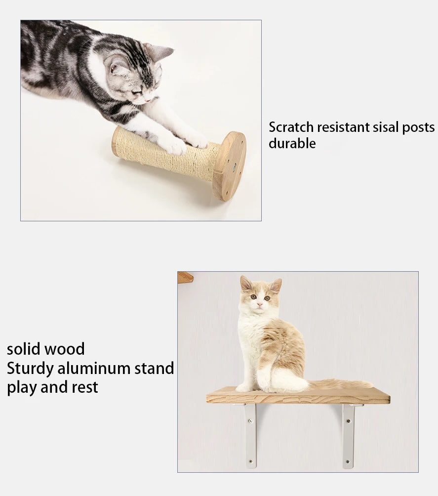 Cat Tree Wall Mounted Cat Shelves Scratching Post for Cat Jumping Platform and Cat Hammock Rope Ladder Wall Wooden Furniture