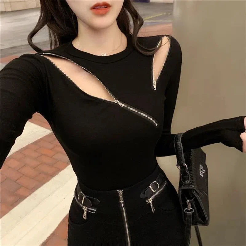 T Shirts Spring Autumn New Slim Hollow Out Zipper Patchwork Y2K Tops Tees Fashion Casual Women Clothing