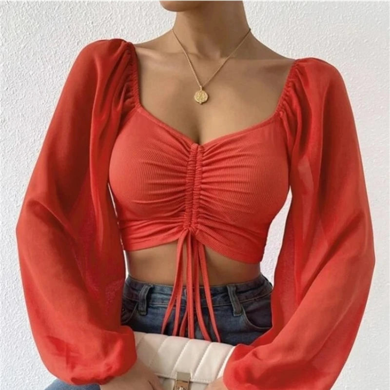 Sexy Mesh Lantern Sleeves Drawstring Wrap Chest Bare Midriff T Shirt Women Long Sleeves Bottoming