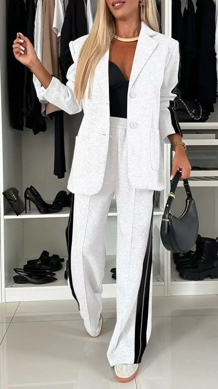 2 Piece Set Women Set Winter Fall Fashion V-neck Long Sleeve Blazer Coat Elegant Straight Leg Pant Sports Two Piece Suit Women