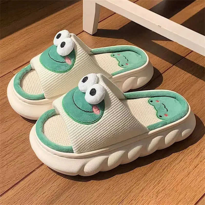 Women's Slippers Comfortable Soft Thick Sole Four Seasons Indoor Cartoon Frog Linen Slippers Anti Slip Couples's Home Slippers