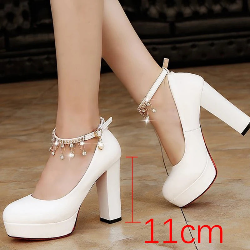 Rimocy Crystal Ankle Strap Pumps Women Chunky Platform Super High Heels Shoes Woman Autumn 2022 Thick Heeled Party Wedding Shoes