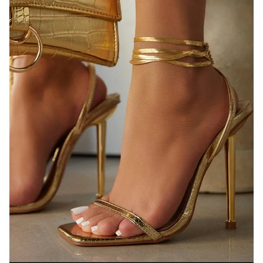 One Button Women's Shoes, 2024 Summer Open Toe Lace Up, Solid Color Luxury Shoes, Limited Edition Gold High Heels