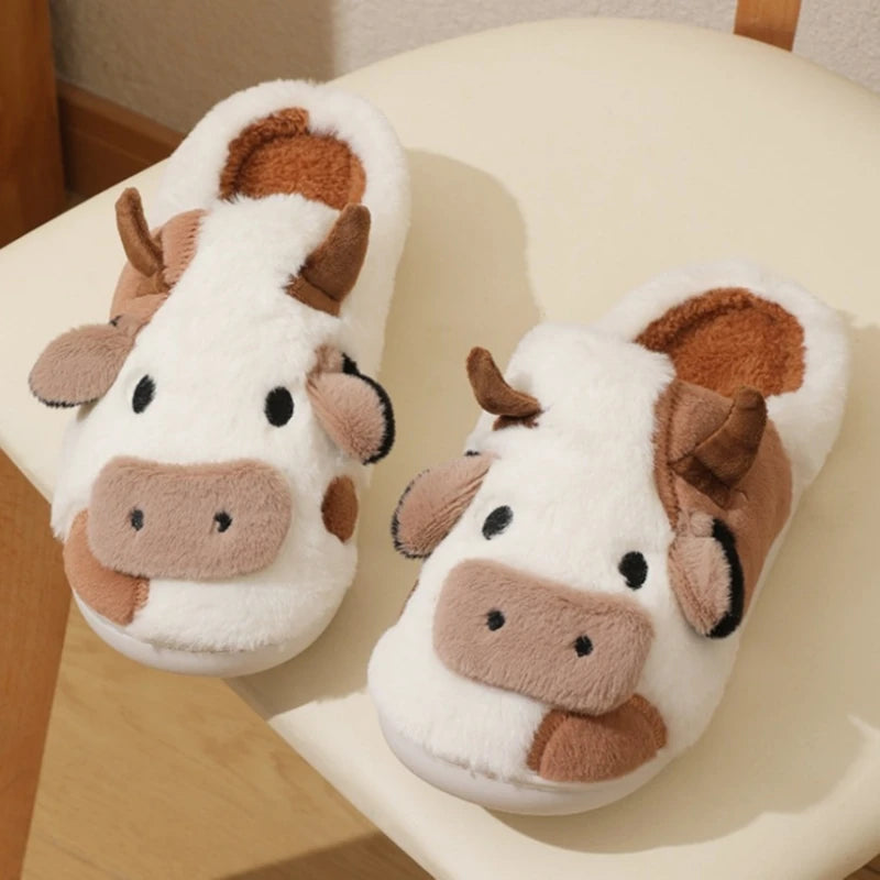 2024 Winter Warm Milk Cow Women Slippers Men Cute Soft Plush Sandals Adults Lovely Non-slip Flip Flops Couples Home Flat Slides