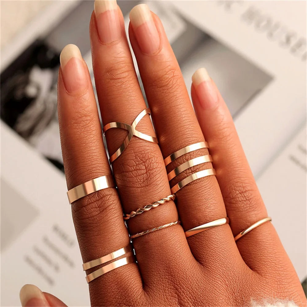 Rings Set for Women Girls Accessories Trend Round Shape Metal Wave Joint Ring Gifts