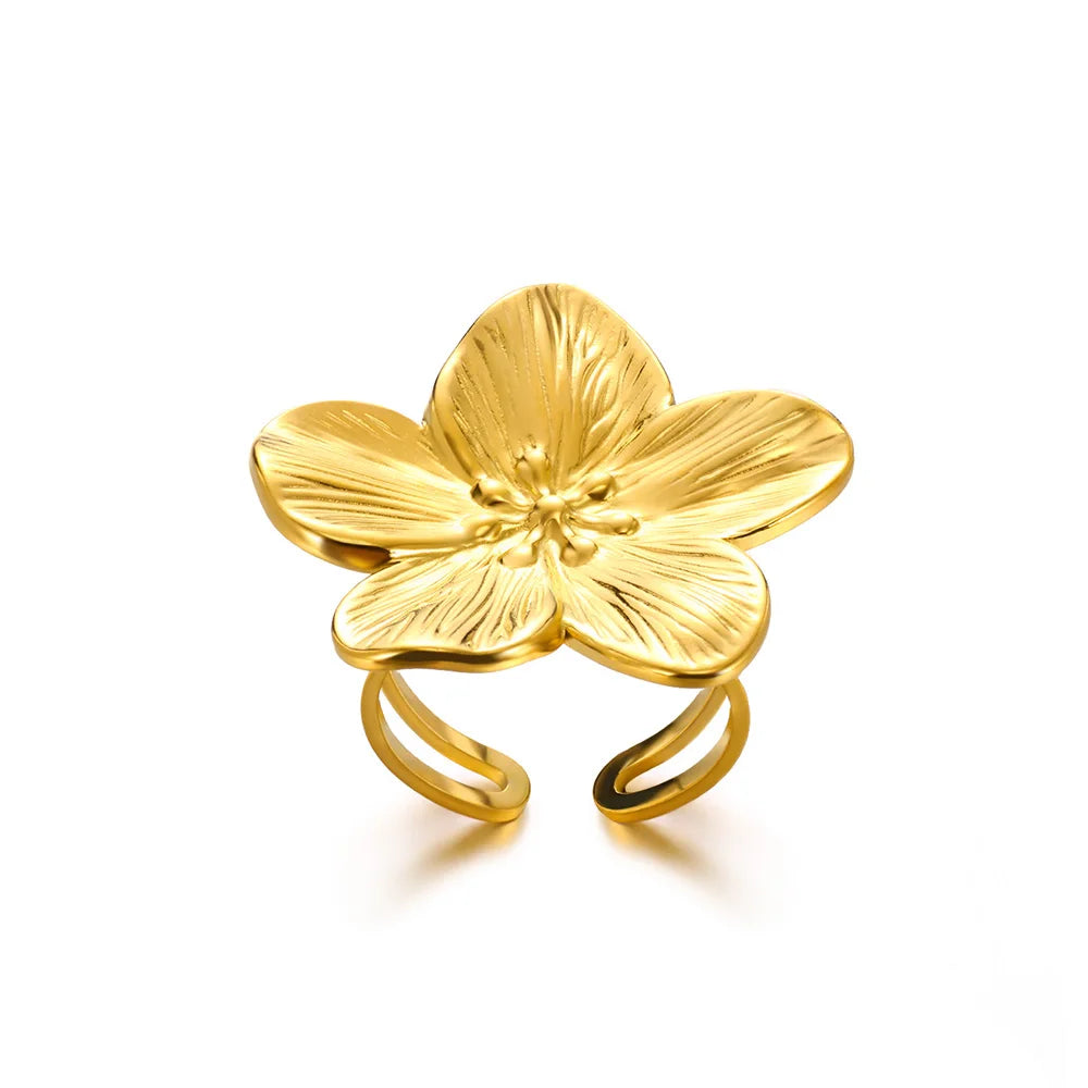 Elegant Stainless Steel Big Bloom Flower Rings For Women Gold Color Sun Starfish Open Ring Finger Jewelry Wedding Her Gift Punk