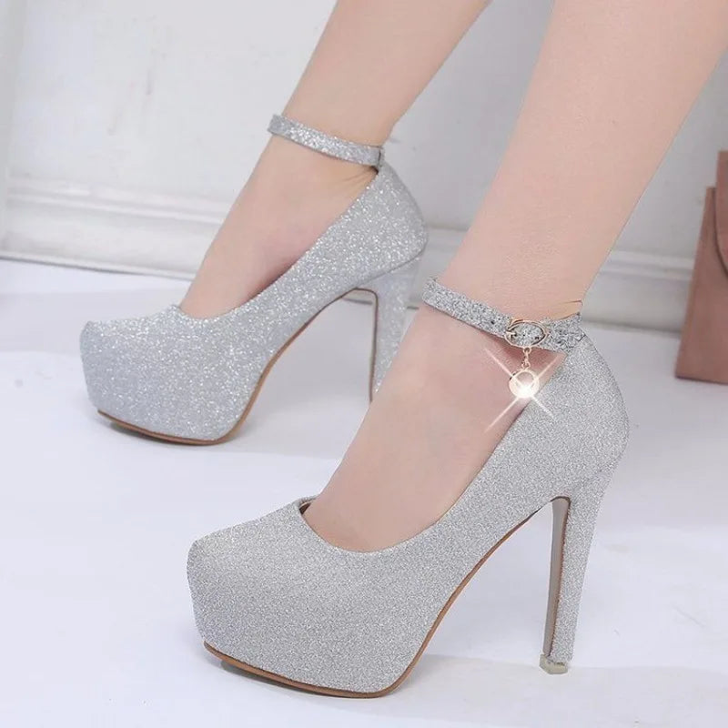 Fashion Wedding Shoes Women High Heels Women Pumps Bride Shoes Platform Super High Heel 12cm Black Silver