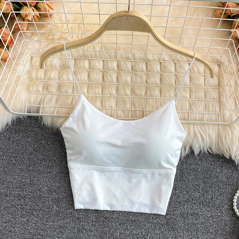 Summer Bra Ice Silk Crop Tops Sports Spaghetti Strap Vest Top Women Sexy Built In Bra Off Shoulder Sleeveless Camisole Underwear