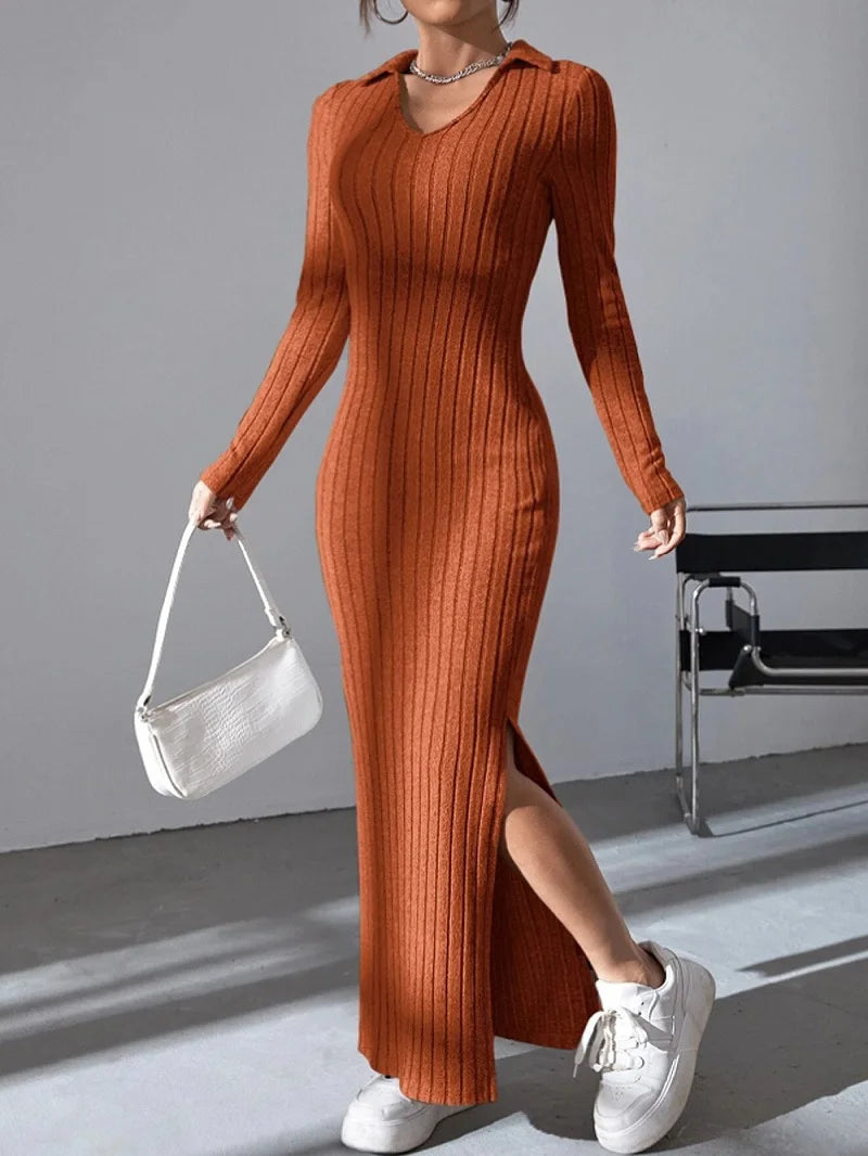 2024 Europe And The United States Autumn And Winter New Knitted Slim-Fit Lapel Long Sleeve Pit Strip Solid Color Tight Dress