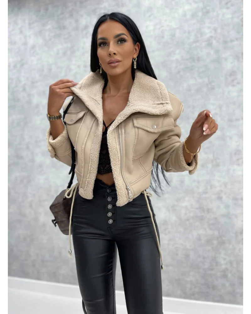 Faux Leather Jackets Women PU Short Thick Warm Black Outwear Female Aviator Retro Lapel Velvet Coat New Year Winter Tops