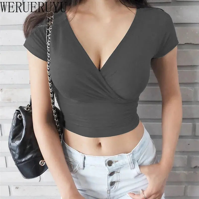 Sexy V-neck T-shirt Short Sleeve Y2k Crop Top Women Clothes Streetwear Korean Fashion Corset Tops Tshirts