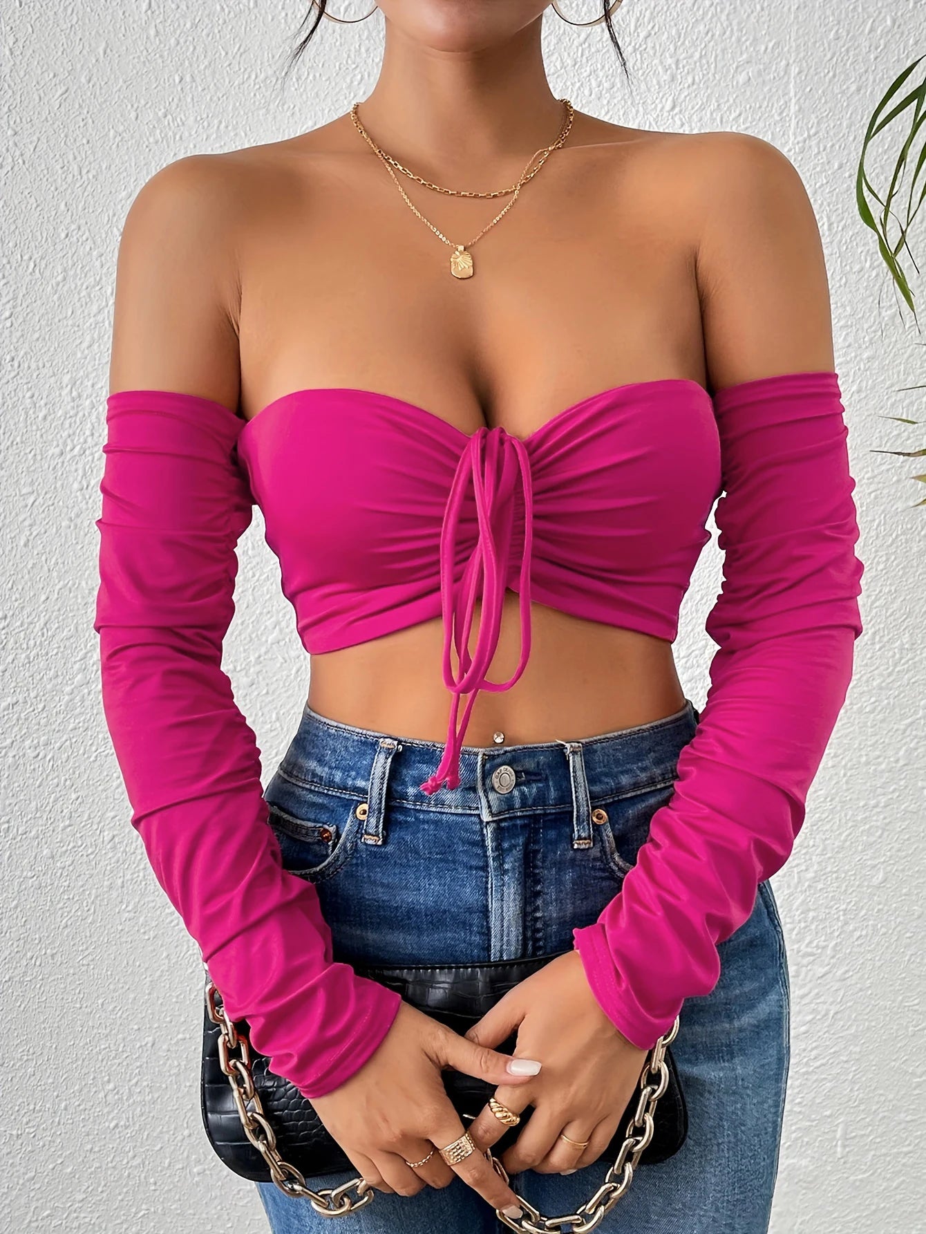 Sexy Ruched Crop T-Shirt - Off Shoulder, Long Sleeve, Drawstring Front, Flattering Fit, Clubwear, Night Out, Womens Fashion Clot