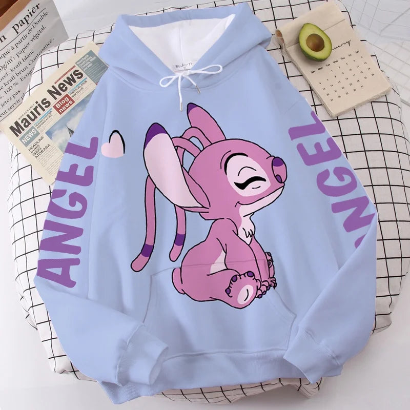 Disney Hoodie Fashion Stitch Angel Monster Letter Cartoon Sweatshirt Pullover Cute Harajuku Unisex Women's Pocket Top