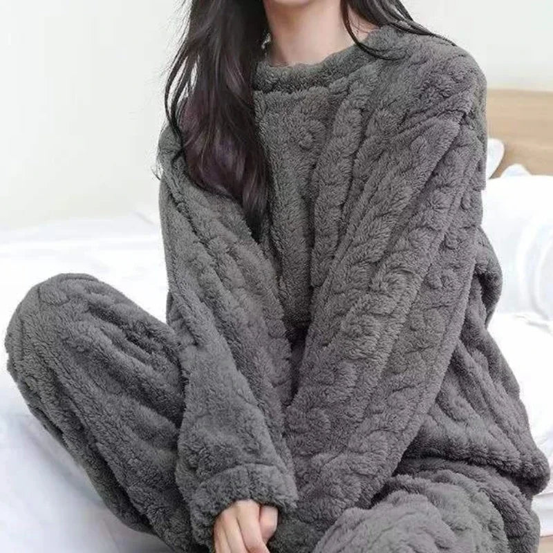 Women Warm 2 Piece Sets Velvet Ribbed Fleece Set Pullover and Pants Casual Pajama Sets Women