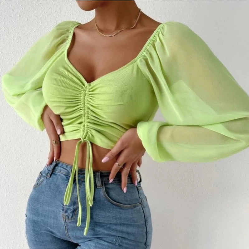 Sexy Mesh Lantern Sleeves Drawstring Wrap Chest Bare Midriff T Shirt Women Long Sleeves Bottoming