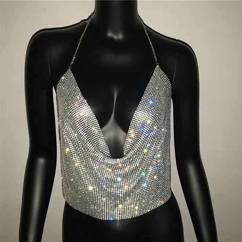 Festival Brilliant Party Crop Top Women Diamonds Metal Tank Tops