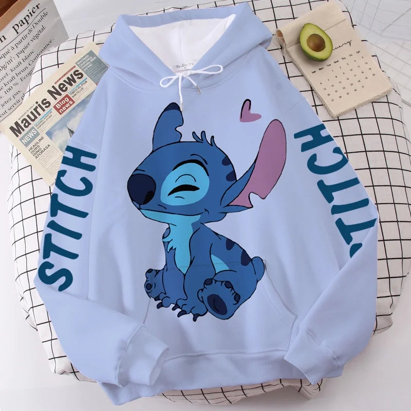 Disney Hoodie Fashion Stitch Angel Monster Letter Cartoon Sweatshirt Pullover Cute Harajuku Unisex Women's Pocket Top