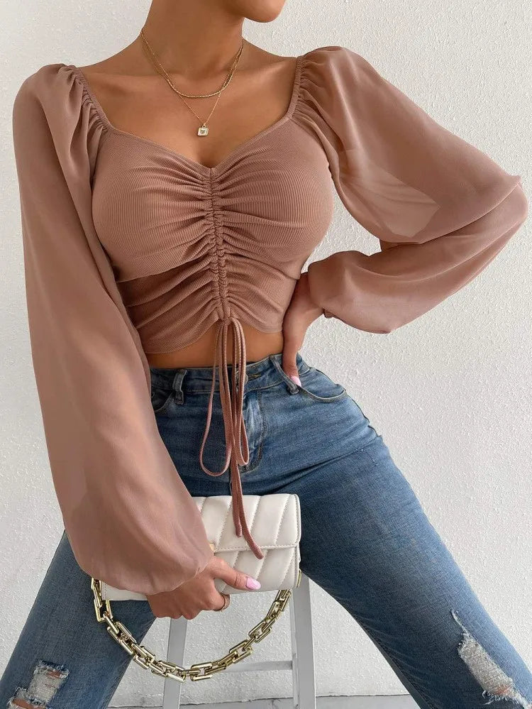 Sexy Mesh Lantern Sleeves Drawstring Wrap Chest Bare Midriff T Shirt Women Long Sleeves Bottoming